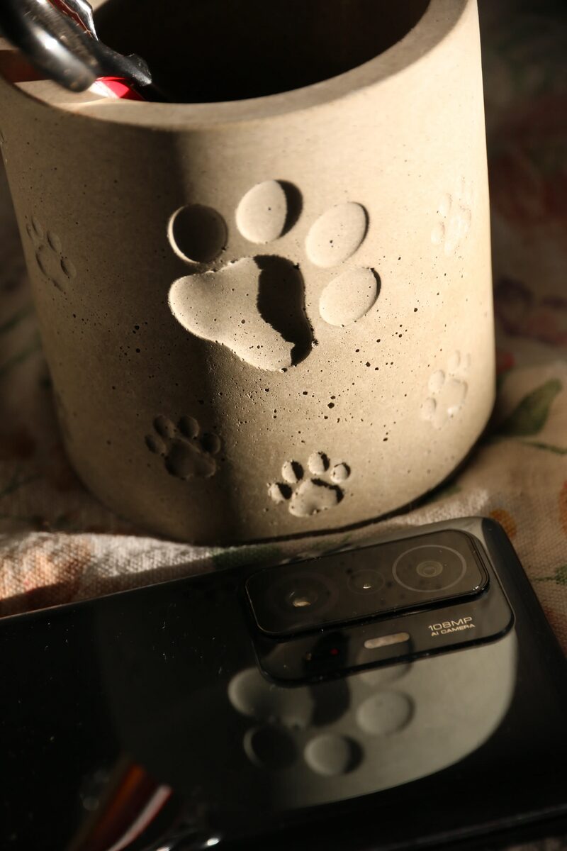 Üres beton tartó mancsnyomokkal, asztalon, mobiltelefon mellett.