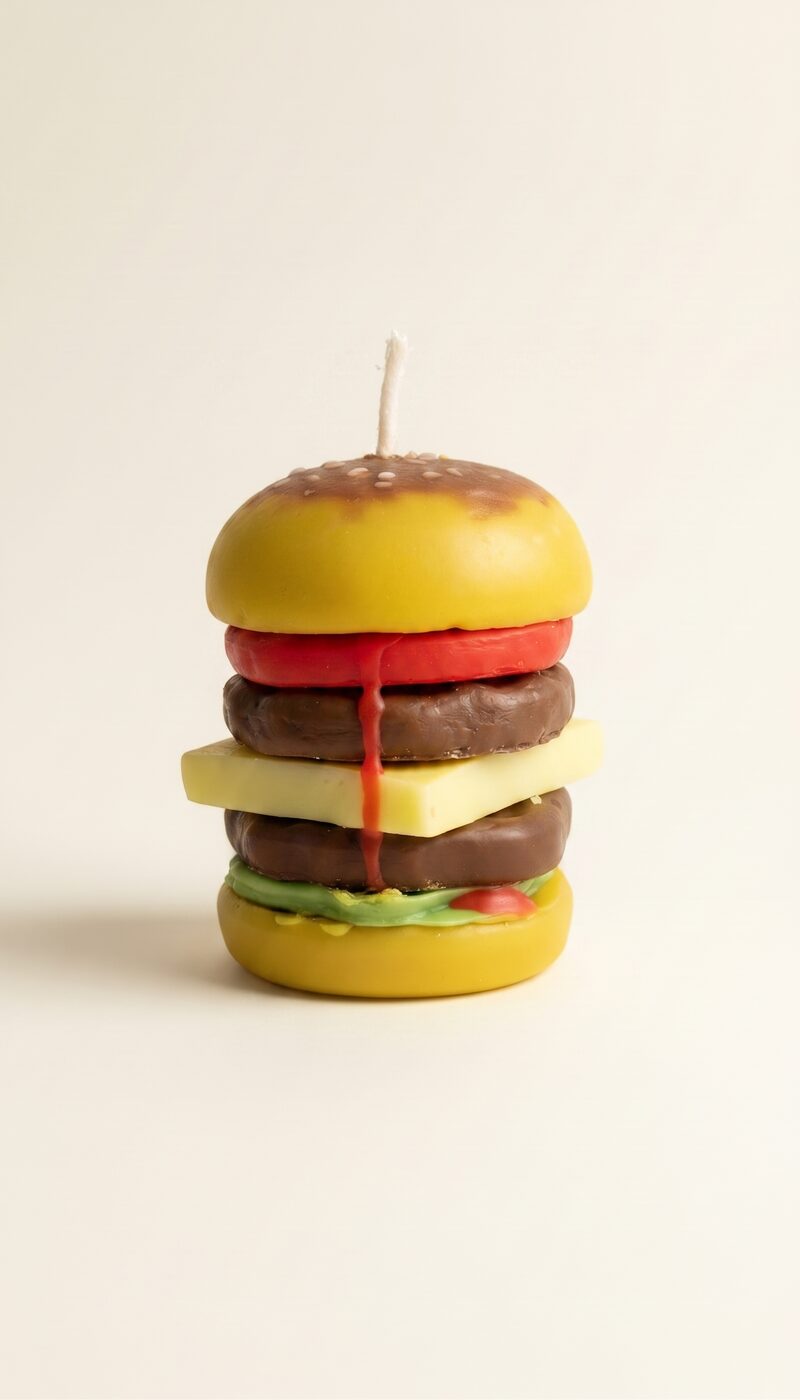 Hamburger alakú gyertya, sárga bucival, piros paradicsommal, barna húspogácsával, sárga sajttal és zöld salátával.