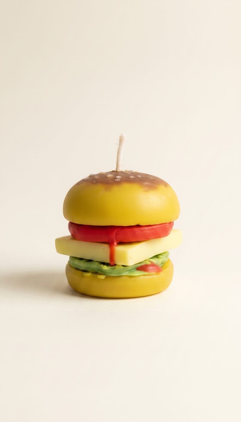 Hamburger alakú, sárga, piros és zöld színű, viaszból készült, pamut kanóccal ellátott gyertya.