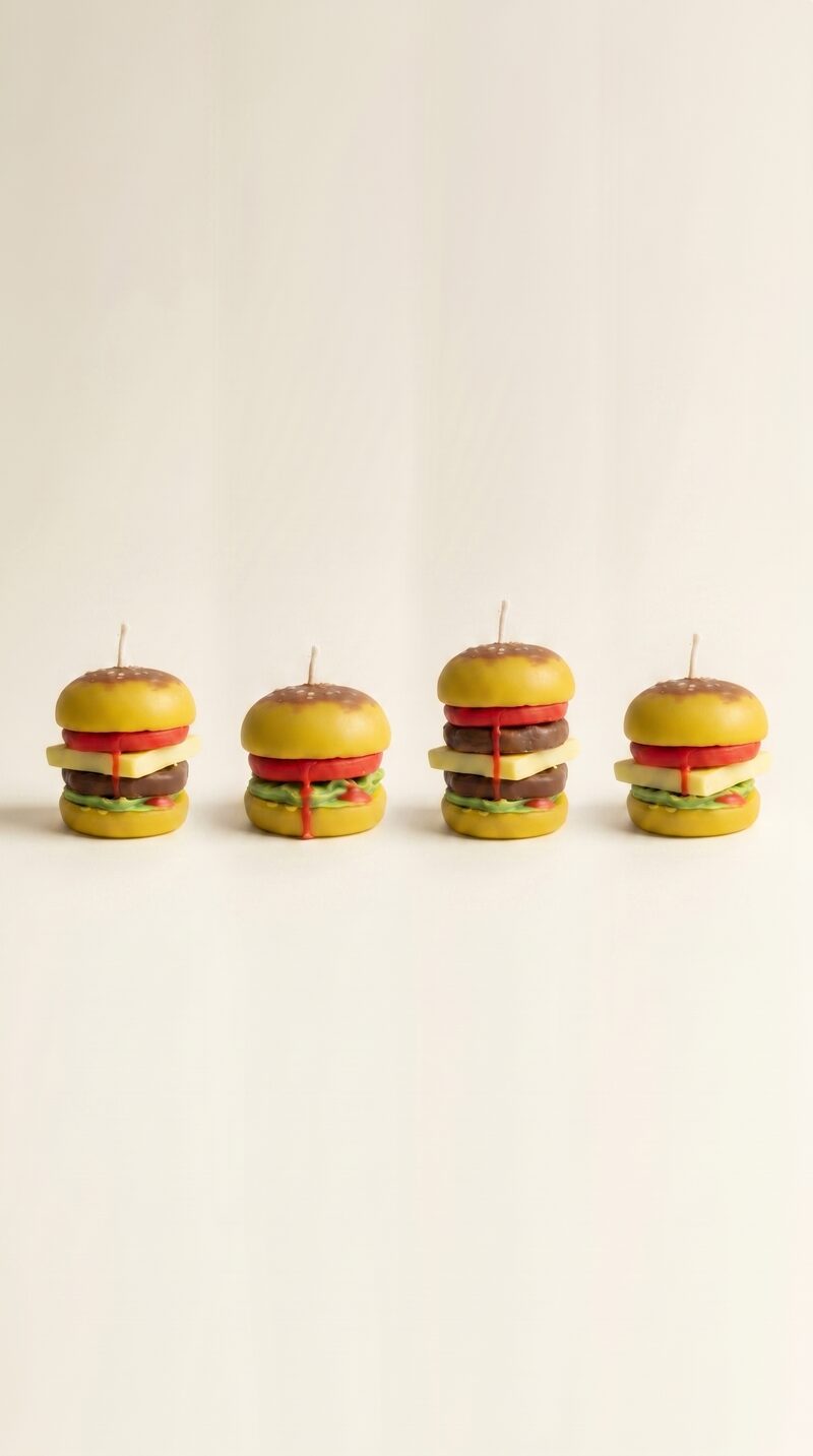 Négy darab, hamburger alakú, sárga buci, barna húspogácsa, sajt és piros ketchup rétegekből álló szójaviasz gyertya.
