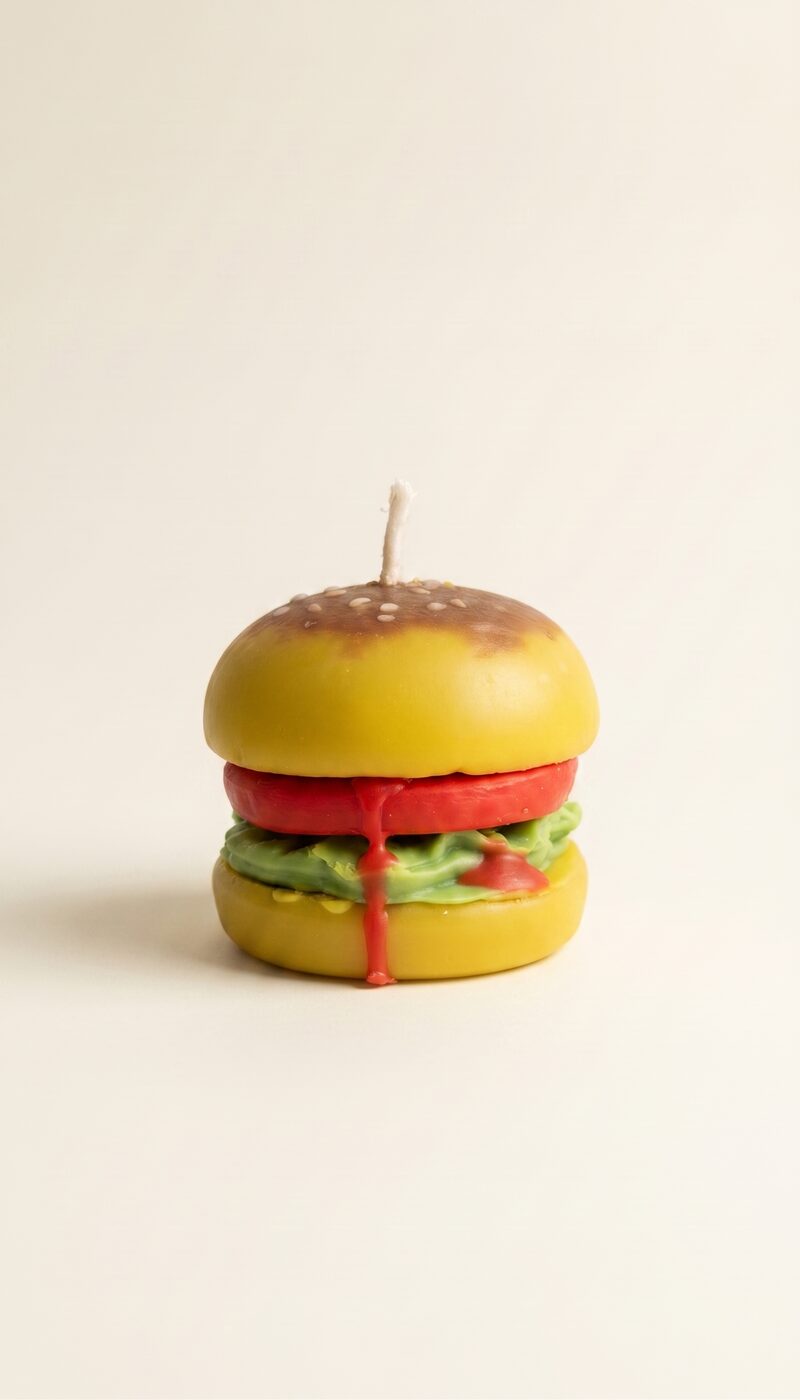 Hamburger alakú gyertya, sárga bucival, piros paradicsommal és zöld salátával, piros szósz csöpögéssel.