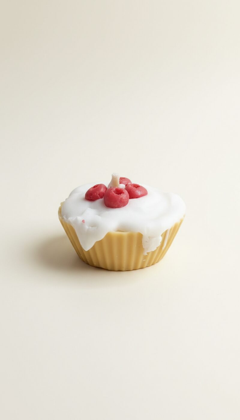 Áfonyás muffin formájú szójaviasz gyertya, fehér mázzal és piros áfonyákkal, pamut kanóccal.