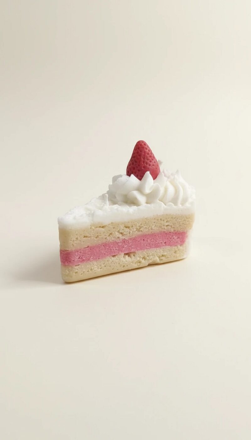 Epres tortaszelet gyertya, fehér krémmel és eperrel díszítve, szójaviaszból.