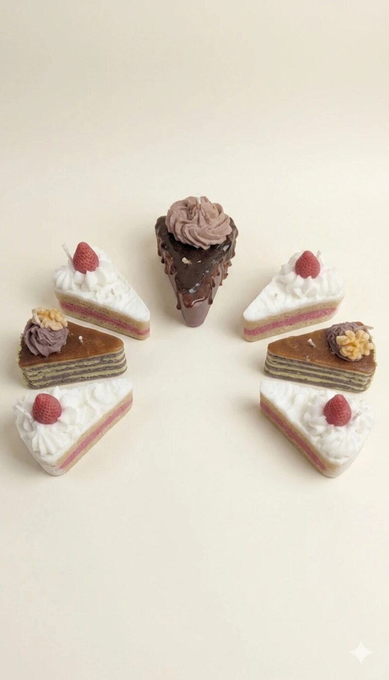 Csokis tortaszelet gyertya, fehér krémmel, rózsaszín és barna rétegekkel, eperrel és díszítéssel.