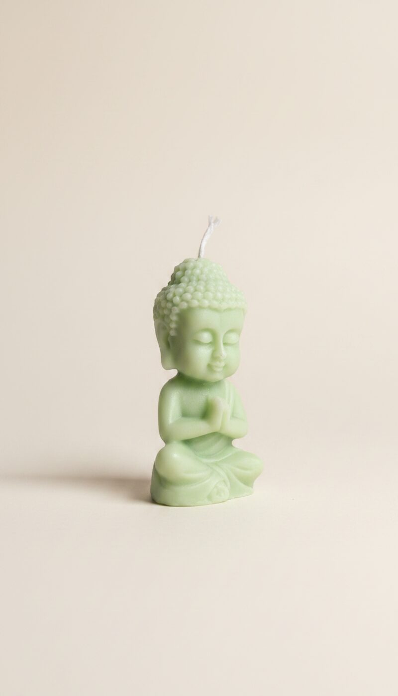 Zöld, ülő Buddha alakú szójaviasz gyertya, összetett kezekkel, zen dekorációhoz.