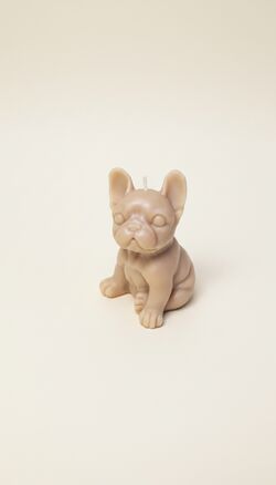 Csokoládé barna, francia bulldog formájú szójaviasz gyertya pamut kanóccal, ülő testtartásban.