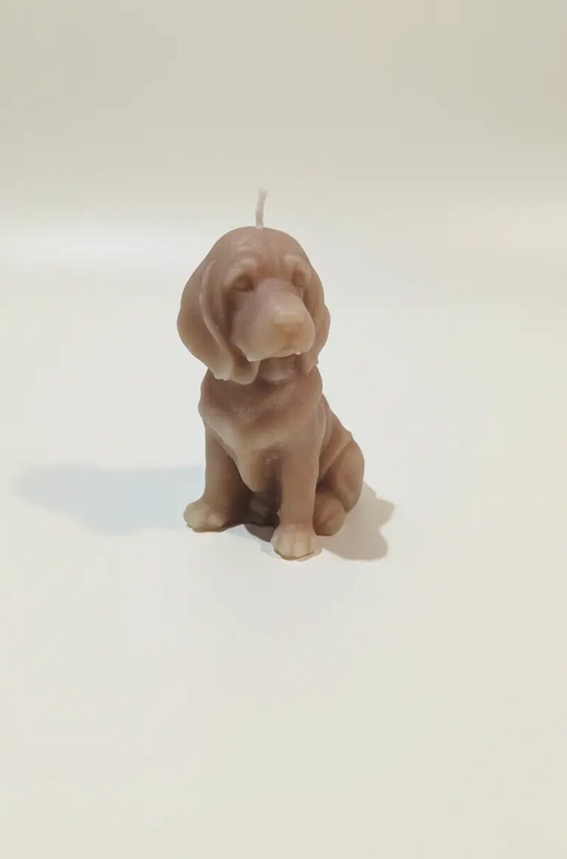 Csokoládé barna, weimari vizsla formájú szójaviasz gyertya pamut kanóccal, ülő testtartásban.