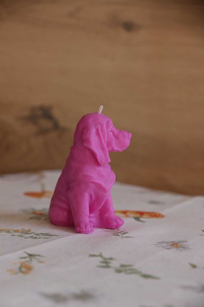 Ciklámen színű, weimari vizsla formájú szójaviasz gyertya pamut kanóccal, ülő testtartásban.