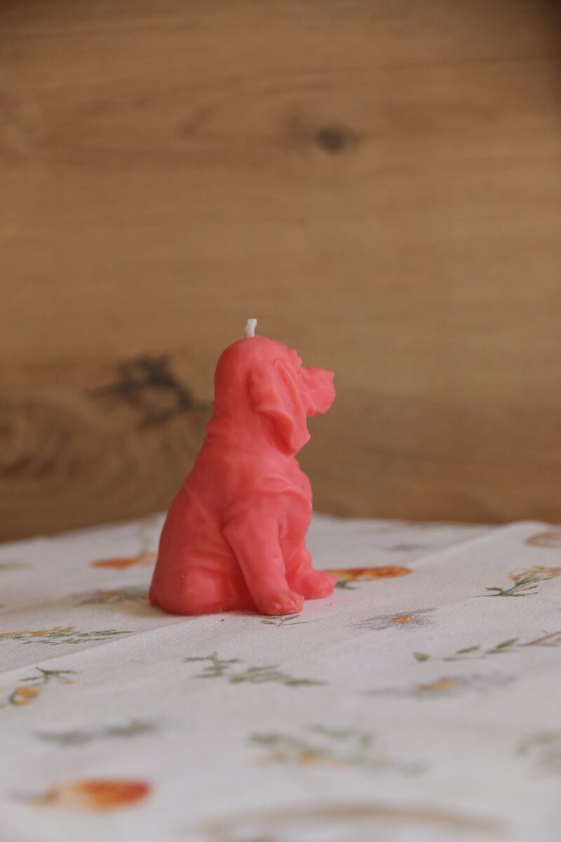 Piros színű, weimari vizsla formájú szójaviasz gyertya pamut kanóccal, ülő testtartásban.