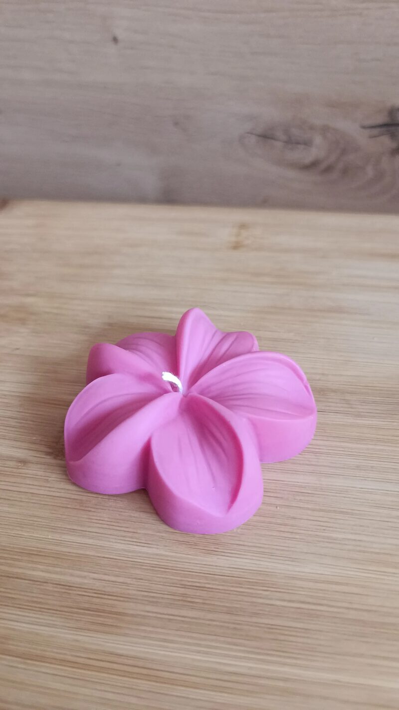 Plumeria virág gyertya ferde nézetből, a szirmok közepén pamut kanóccal.