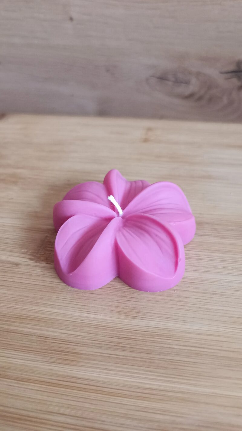 Ciklámen plumeria virág gyertya közelről, részletes szirom-erezettel.
