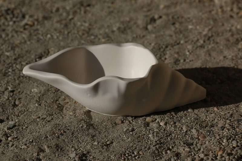 A forma tengeri csigaház kerámia tál napfényben, a lágyan hullámzó peremmel és a kifutó csúccsal.